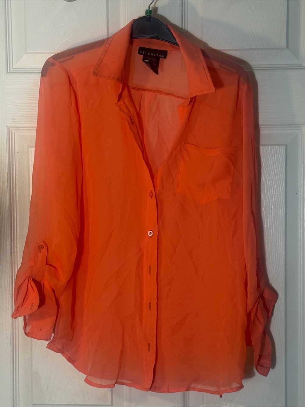 attention Sheer Orange Button-Down Blouse
